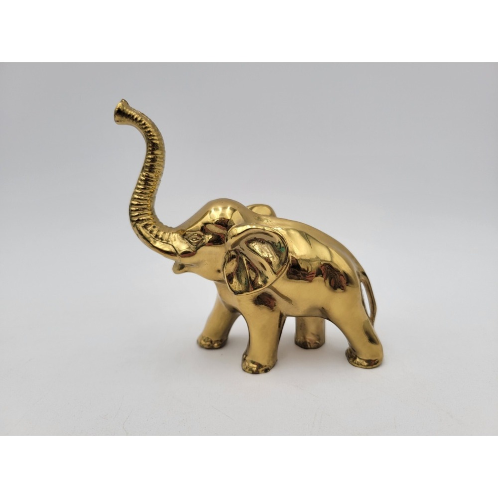Vintage Shiny Brass Elephant Figurine 5" Trunk Up Statue Figurine
